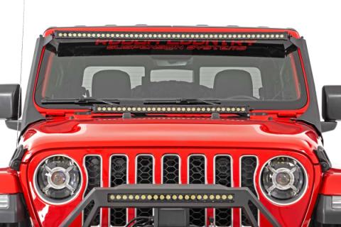 Jeep 50-Inch Straight LED Light Bar Upper Windshield Kit w/ Dual-Row Black Series LED Amber DRL 20-Up Gladiator JT, 18-20 Wrangler JL Rough Country